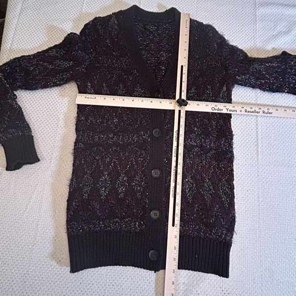 Lucky Brand  Cardigan Black Red Shine Fair Isle Button Up Grandpa chunky boho XS - Picture 13 of 14